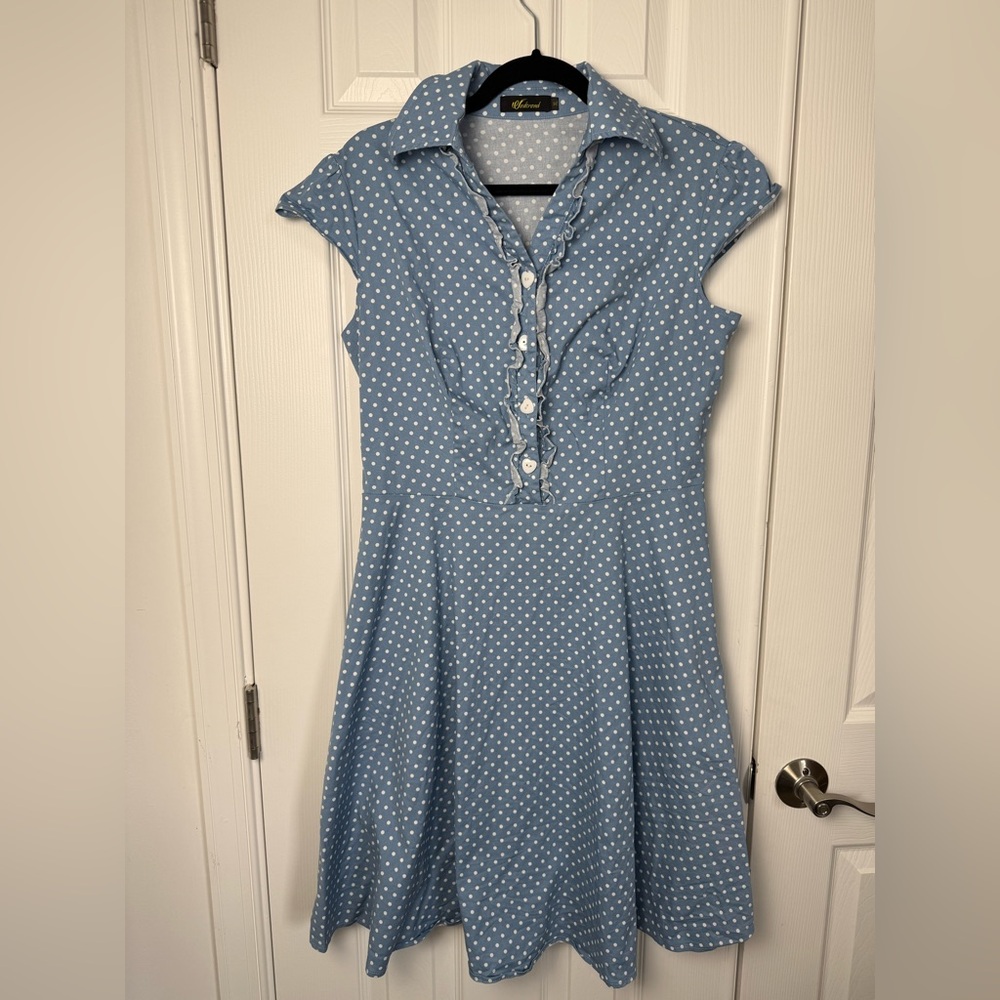 Vtg Wedtrend 100% Cotton Blue Polka Dot‎ A-Line Dress V-Neck Ruffle Women XL EUC